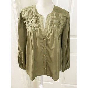 Cleobella Women's Anthropologie Cotton Pin Tuck Long Sleeve Blouse Olive Medium